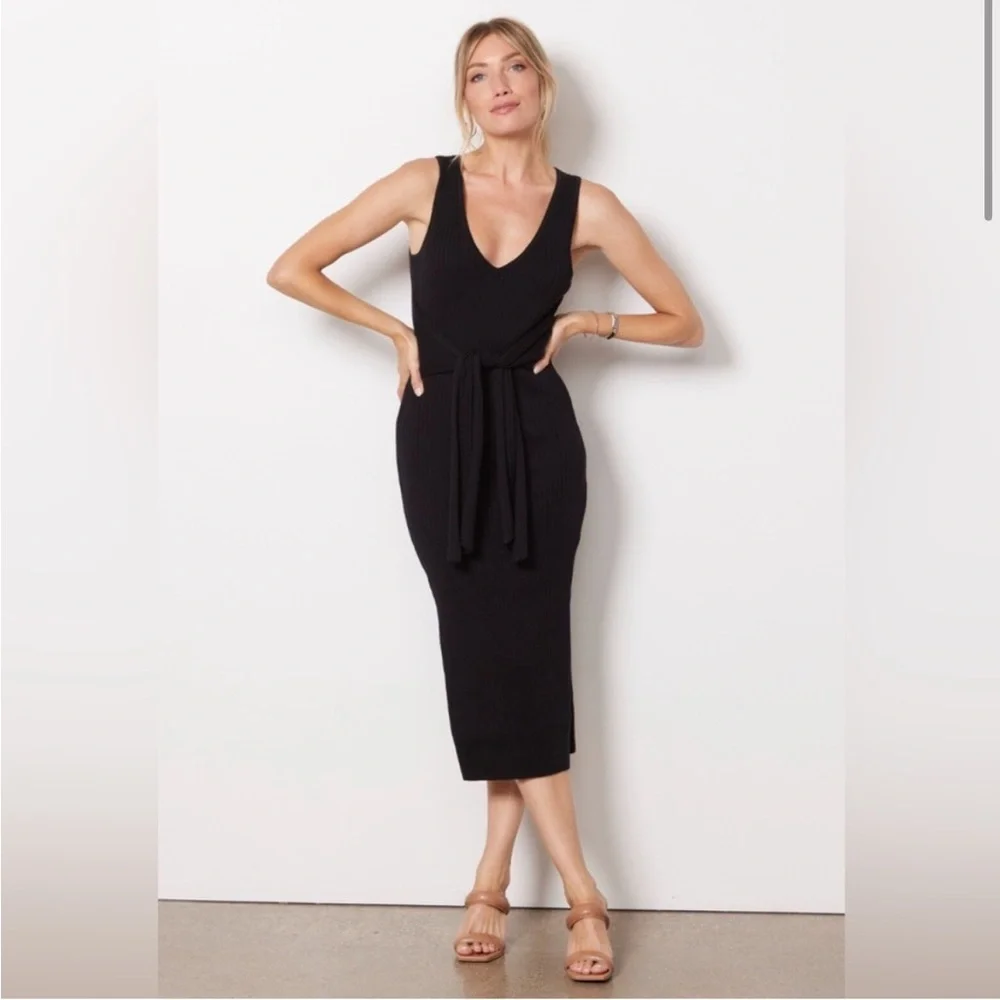 Good American Belted Ribbed Knit Sleeveless Dress Size 4 Black - Picture 2 of 5